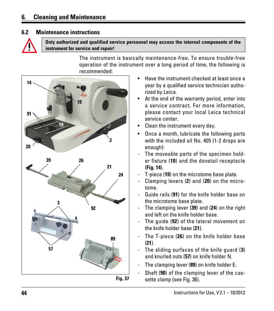 2 maintenance instructions, Maintenance instructions, Cleaning and maintenance | Leica Biosystems RM2125 RTS User Manual | Page 44 / 60