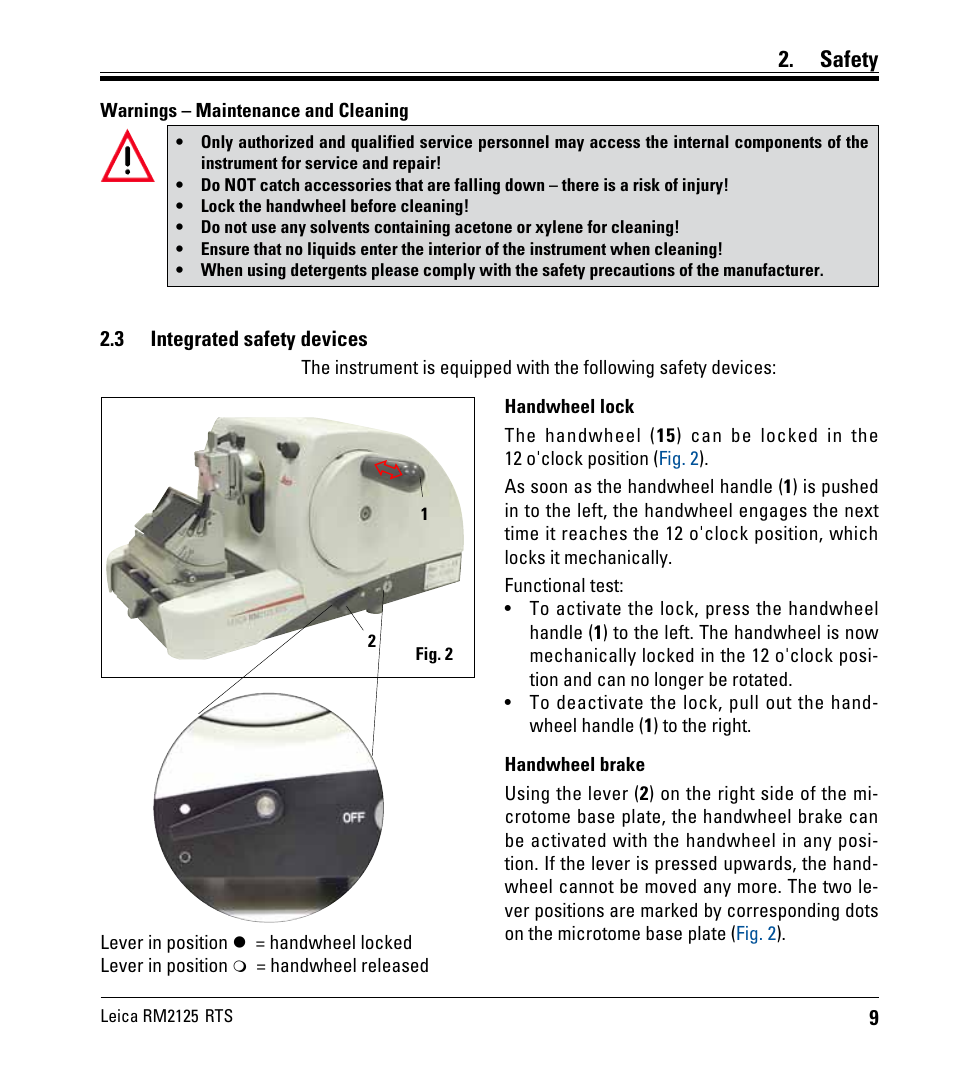 3 integrated safety devices, Integrated safety devices, Safety | Leica Biosystems RM2125 RTS User Manual | Page 9 / 60