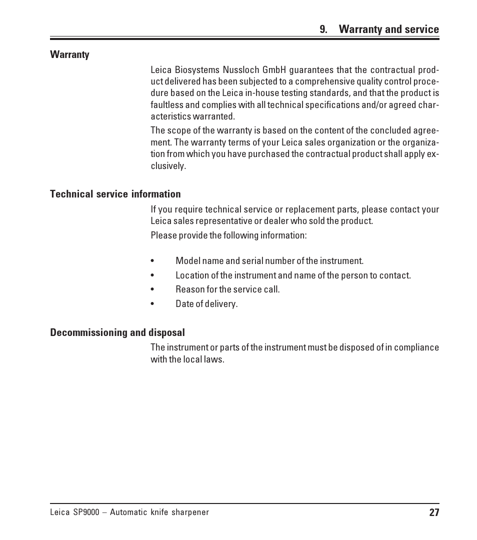 Warranty and service | Leica Biosystems SP9000 User Manual | Page 27 / 30