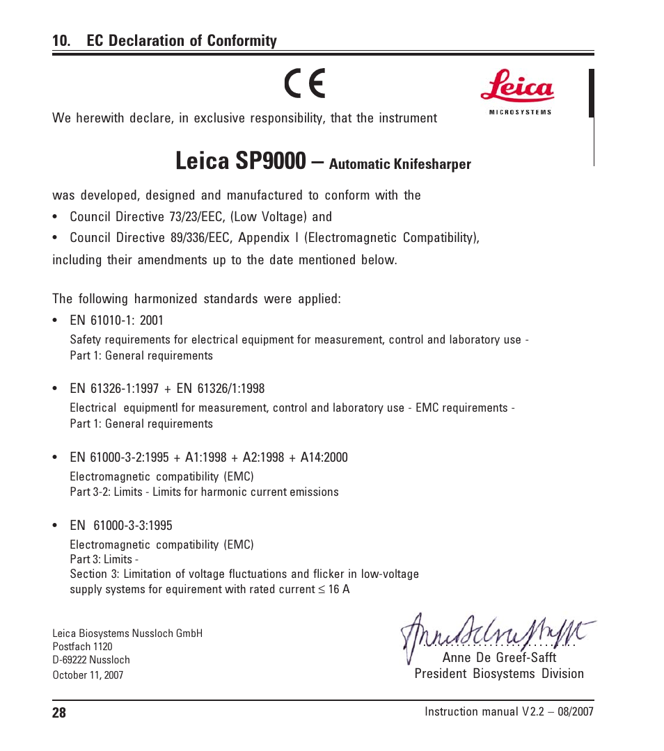 Leica sp9000, Ec declaration of conformity | Leica Biosystems SP9000 User Manual | Page 28 / 30