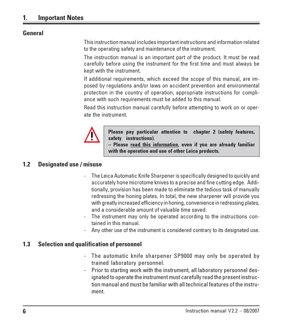 2 designated use / misuse, 3 selection and qualification of personnel, Designated use / misuse | Selection and qualification of personnel | Leica Biosystems SP9000 User Manual | Page 6 / 30