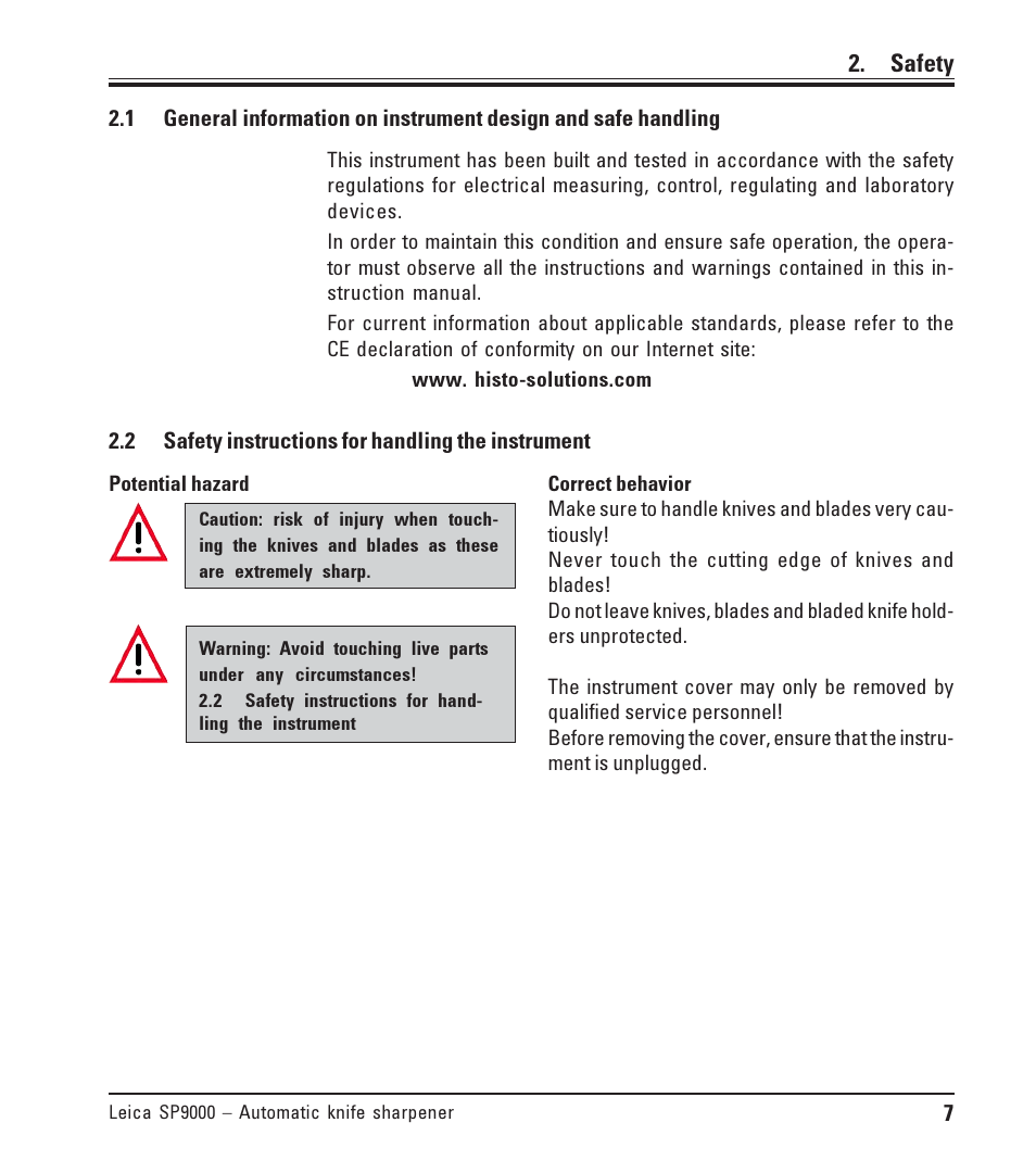 Safety, 2 safety instructions for handling the instrument, Safety instructions for handling the instrument | Leica Biosystems SP9000 User Manual | Page 7 / 30