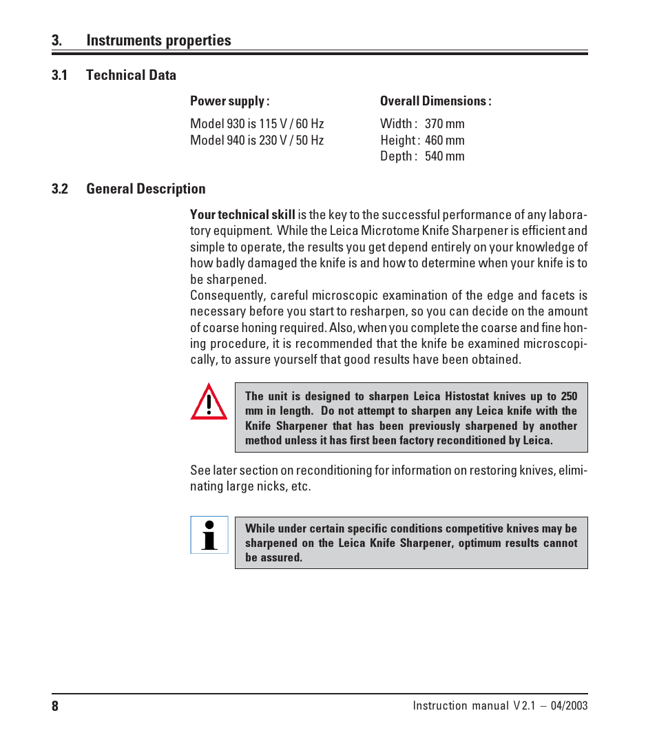 Instruments properties, 1 technical data, 2 general description | Technical data, General description | Leica Biosystems SP9000 User Manual | Page 8 / 30