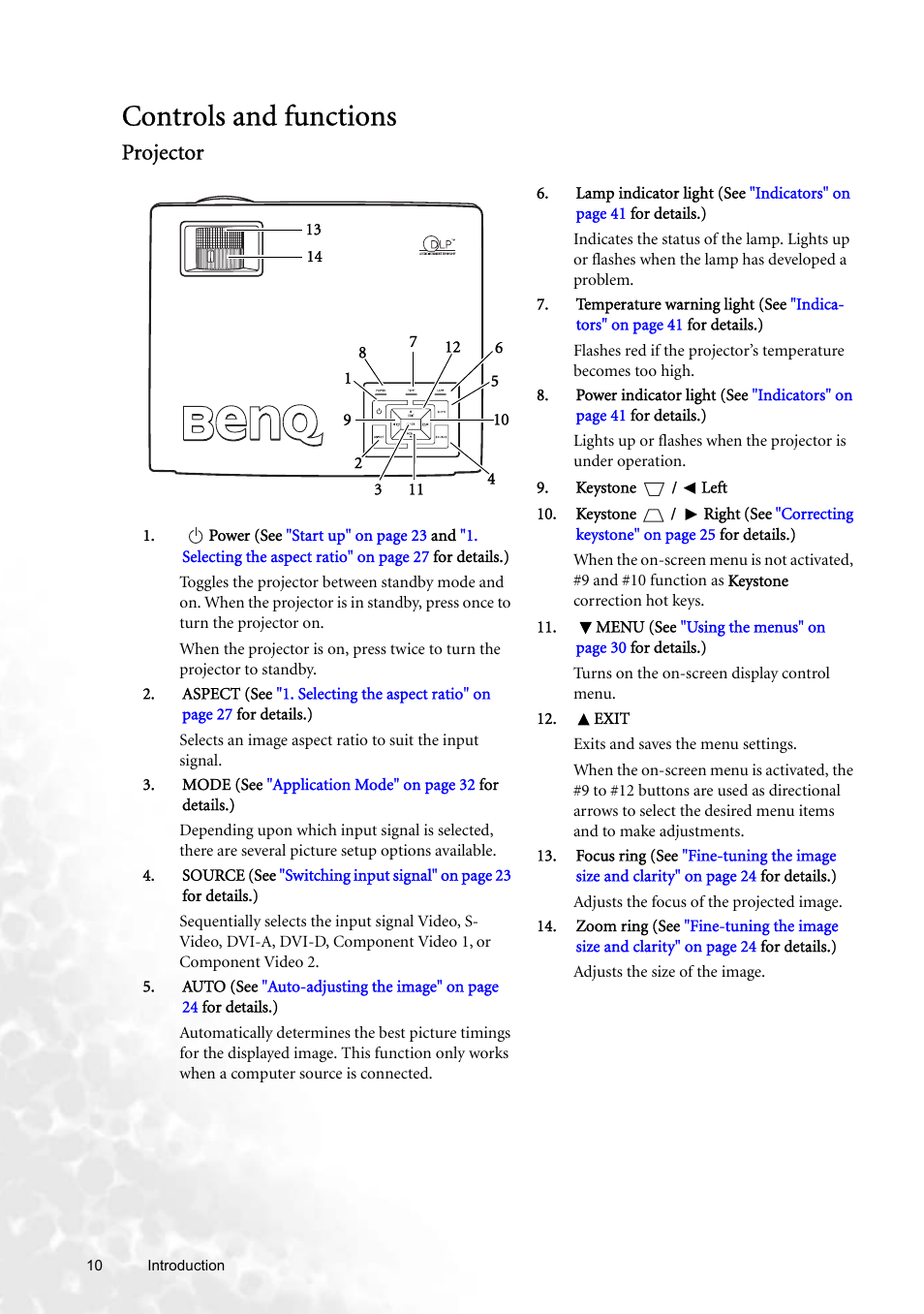 Controls and functions, Projector | BenQ W100 User Manual | Page 10 / 47