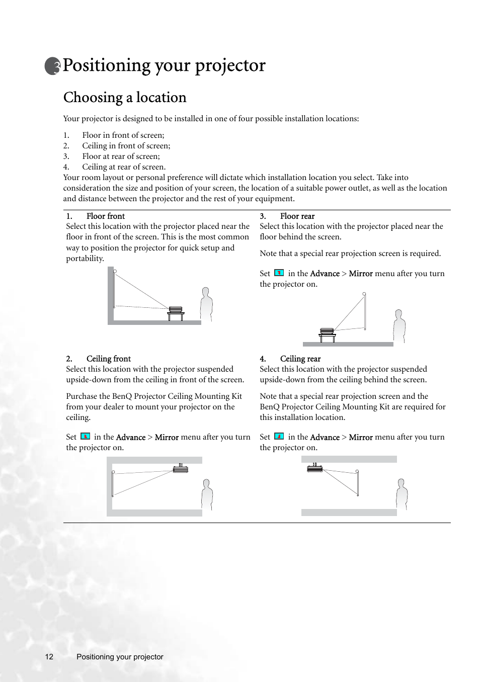 Positioning your projector, Choosing a location | BenQ W100 User Manual | Page 12 / 47