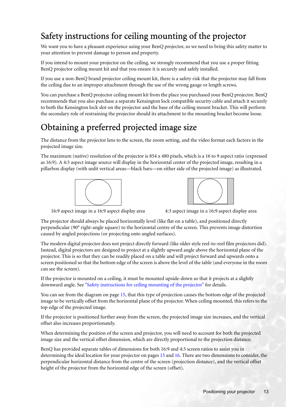 Obtaining a preferred projected image size | BenQ W100 User Manual | Page 13 / 47