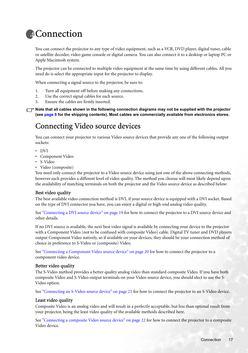 Connection, Connecting video source devices | BenQ W100 User Manual | Page 17 / 47