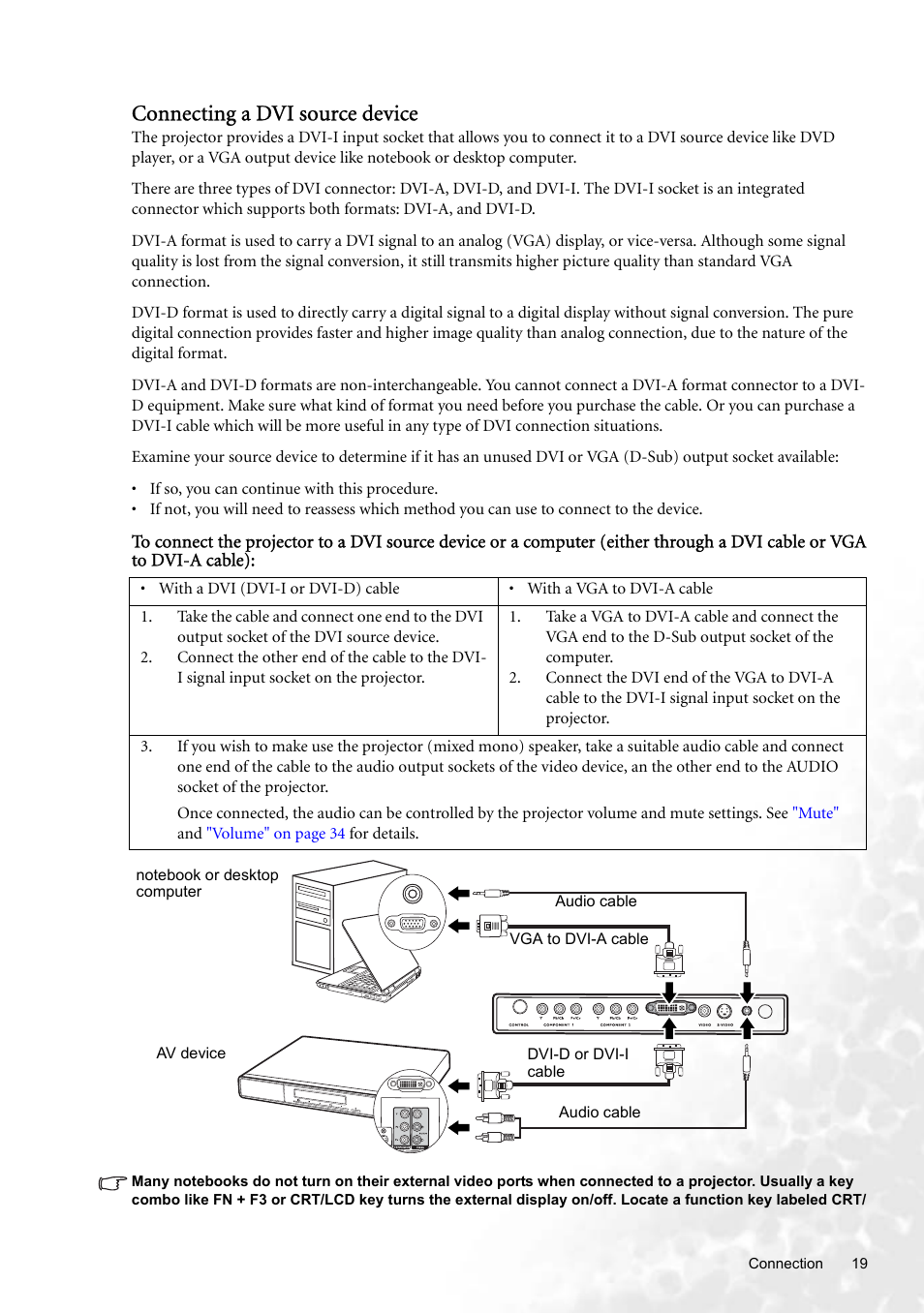 Connecting a dvi source device, For ho | BenQ W100 User Manual | Page 19 / 47