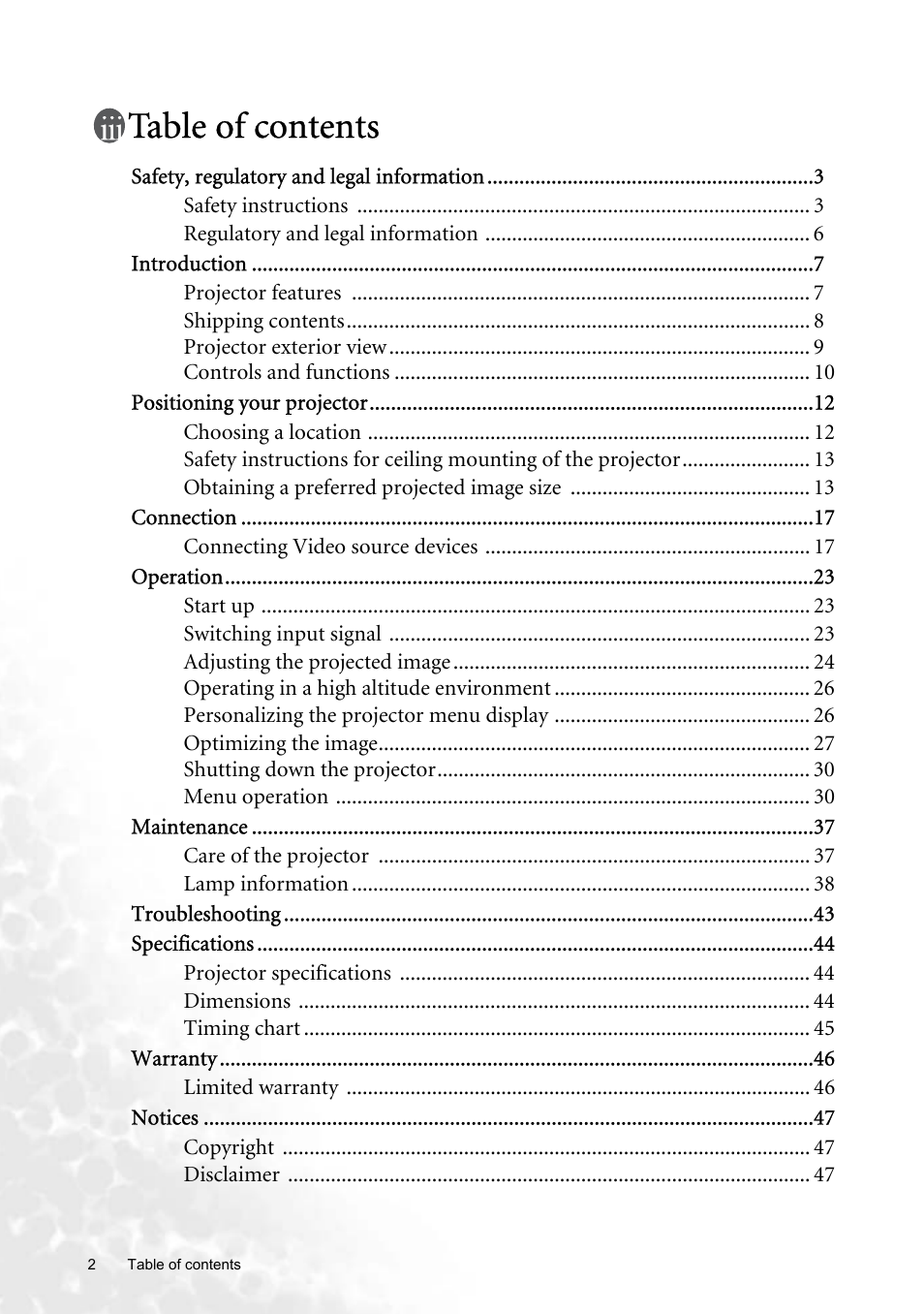 BenQ W100 User Manual | Page 2 / 47