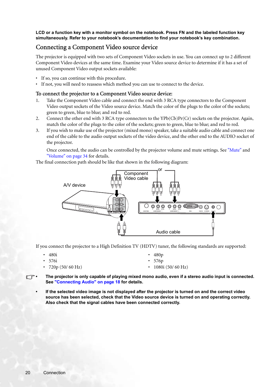 Connecting a component video source device | BenQ W100 User Manual | Page 20 / 47