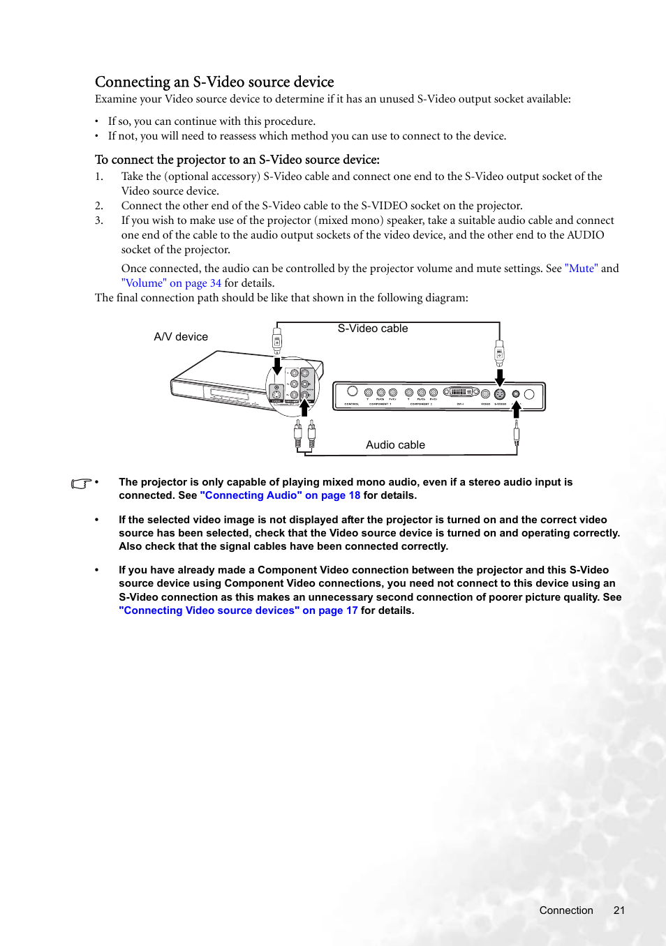Connecting an s-video source device | BenQ W100 User Manual | Page 21 / 47