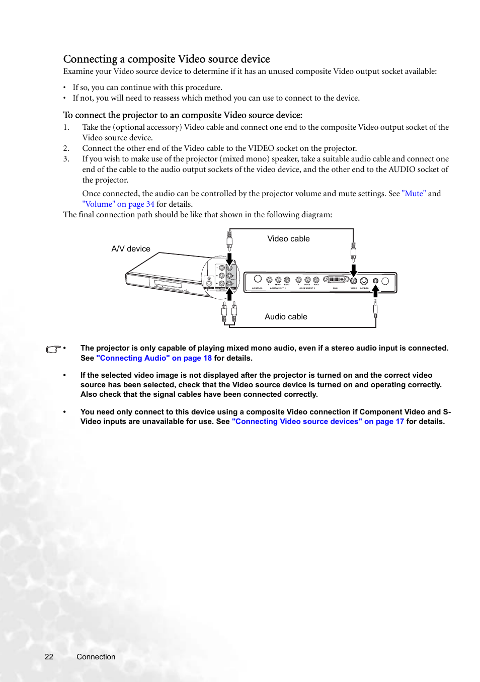 Connecting a composite video source device | BenQ W100 User Manual | Page 22 / 47