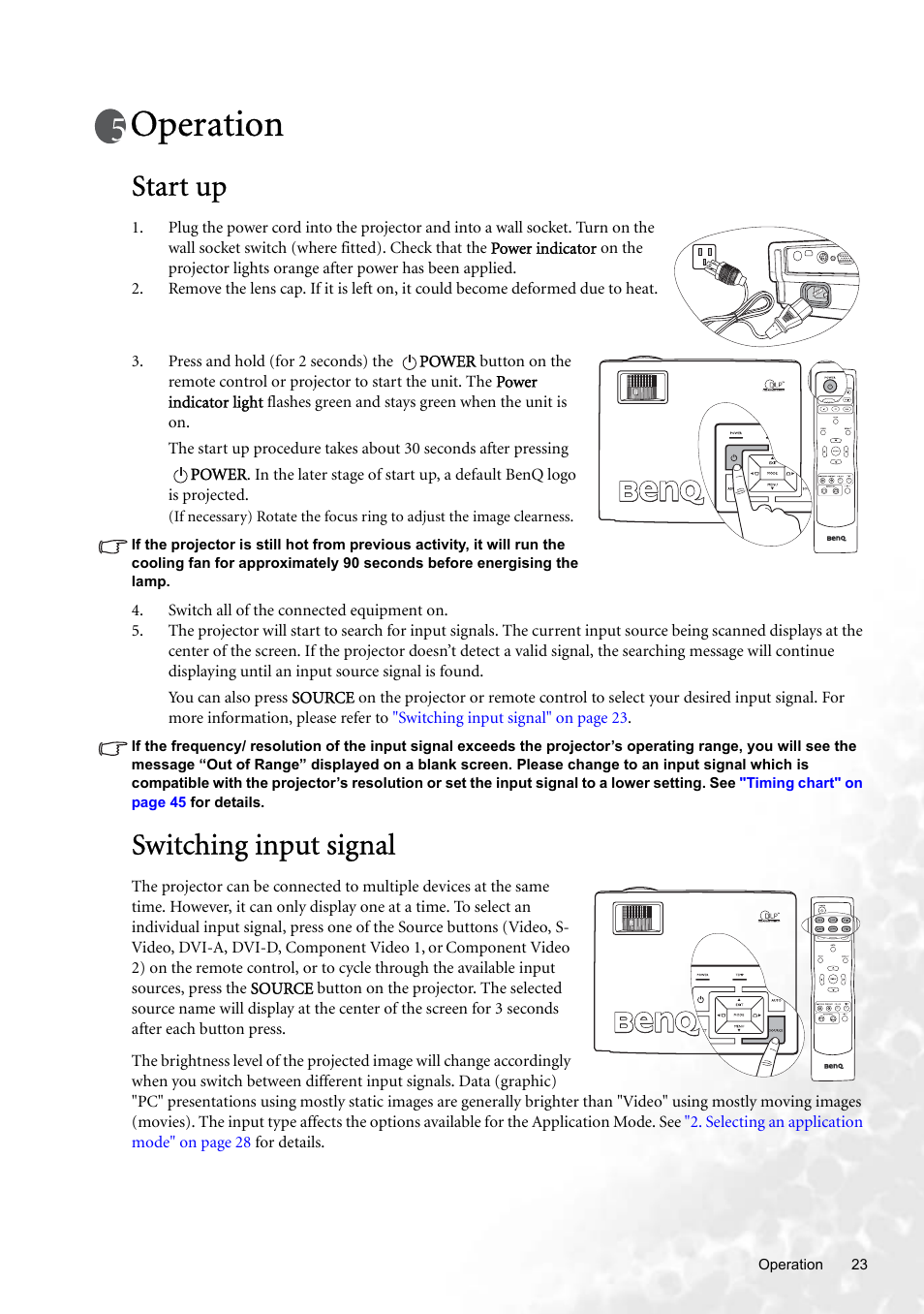 Operation, Start up, Switching input signal | Start up switching input signal, Ce (see, For de | BenQ W100 User Manual | Page 23 / 47