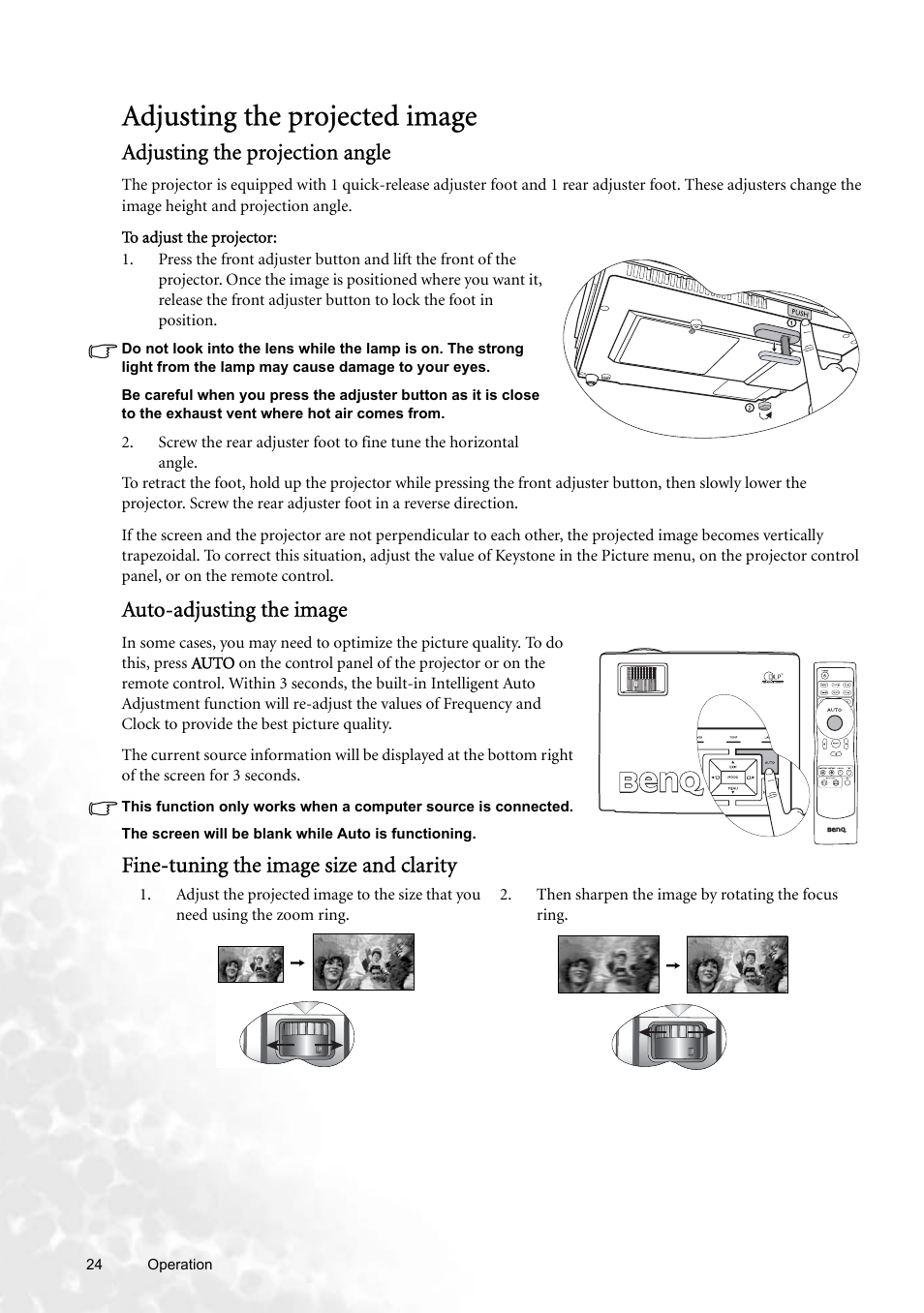 Adjusting the projected image, Adjusting the projection angle, Auto-adjusting the image | Fine-tuning the image size and clarity, Fine-tuning the image | BenQ W100 User Manual | Page 24 / 47