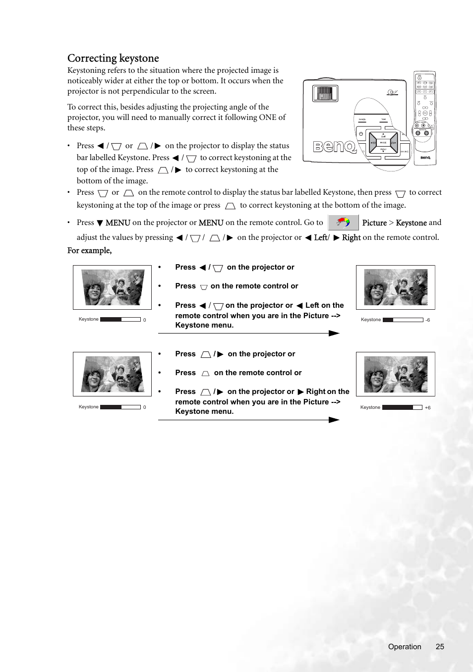Correcting keystone, Correcting, For k | BenQ W100 User Manual | Page 25 / 47