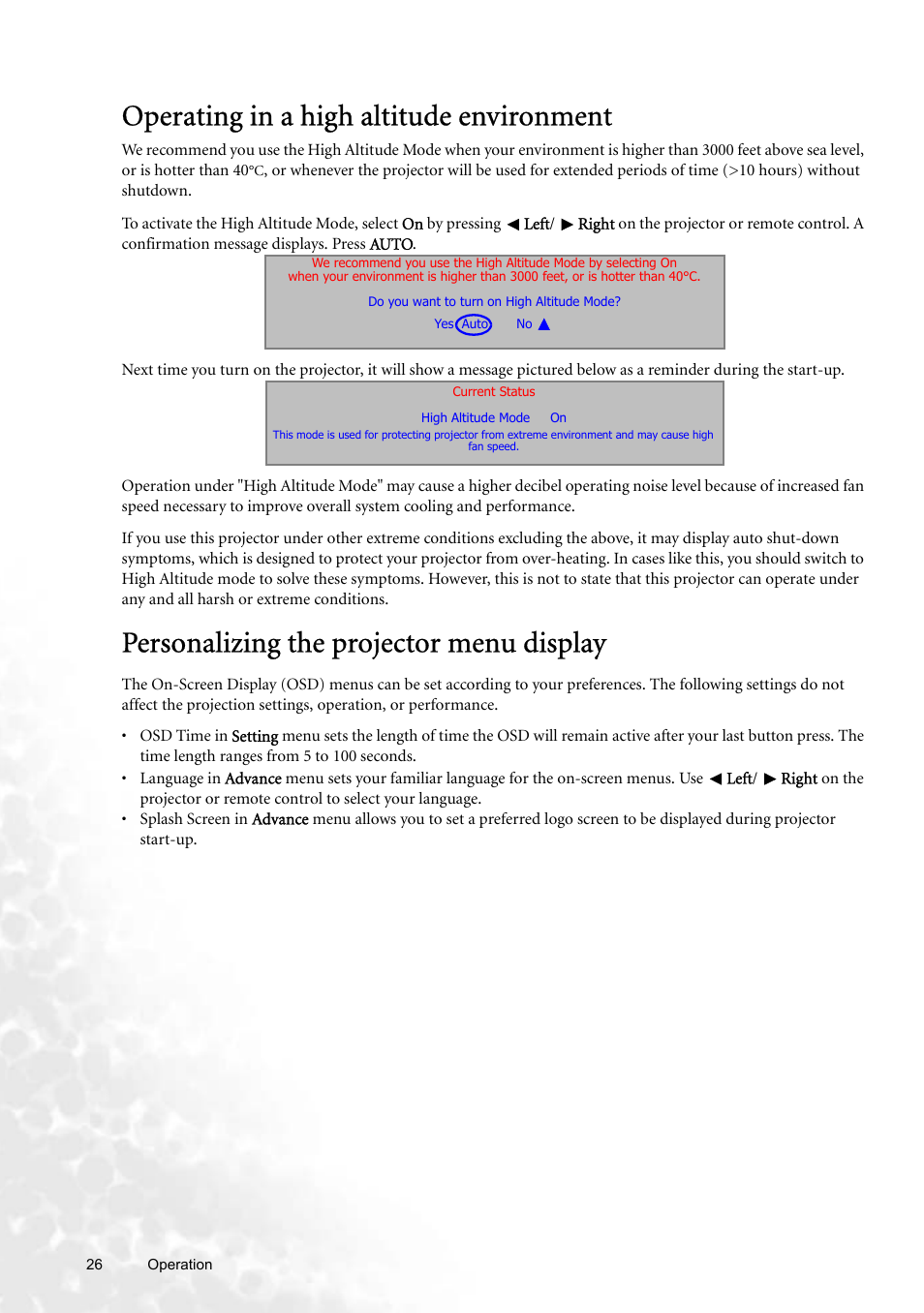 Operating in a high altitude environment, Personalizing the projector menu display | BenQ W100 User Manual | Page 26 / 47