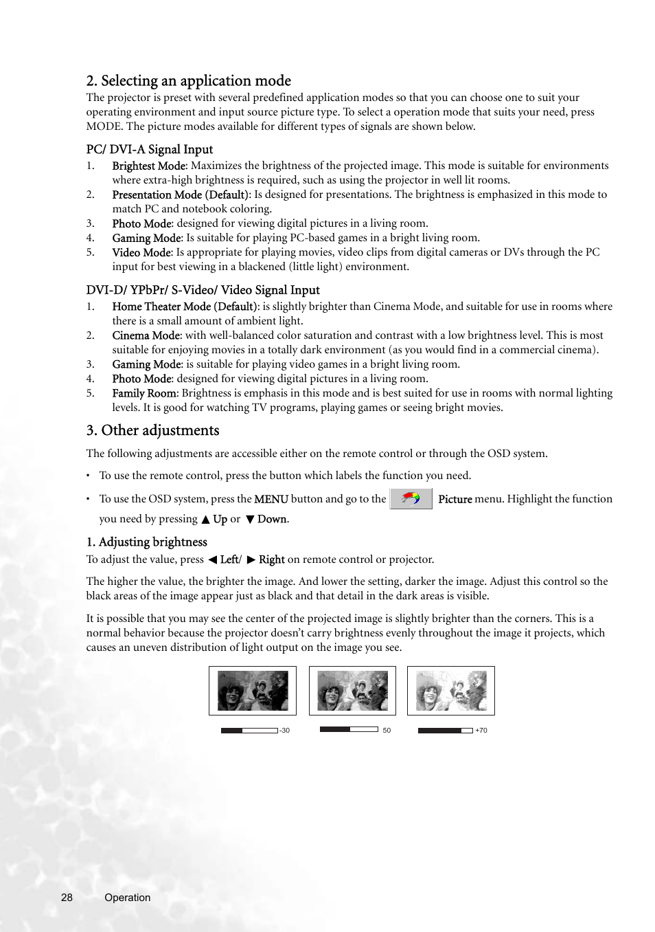 Selecting an application mode, Other adjustments, Selecting an application | BenQ W100 User Manual | Page 28 / 47
