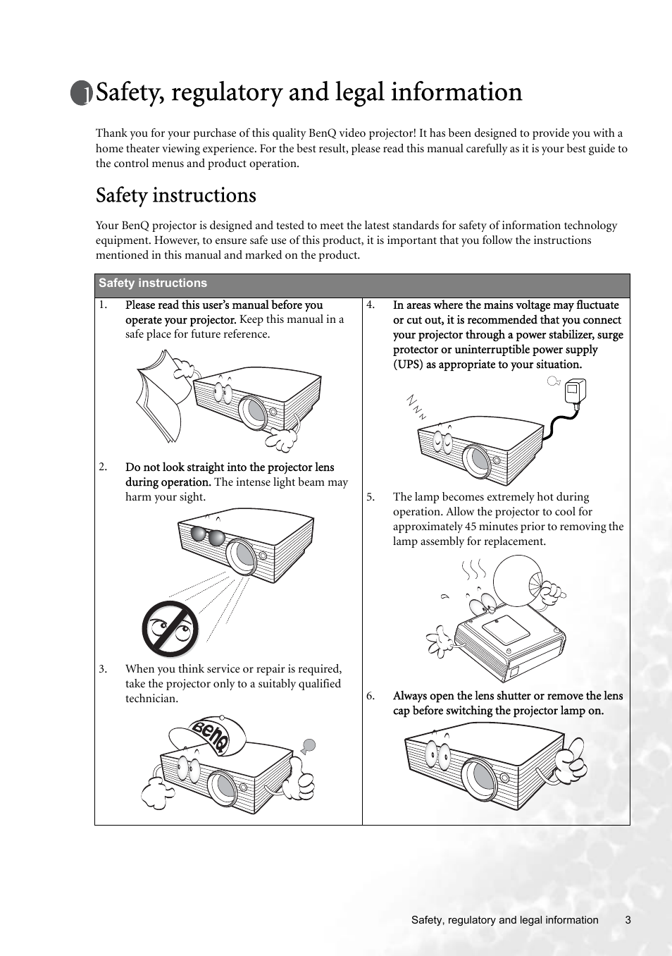 Safety, regulatory and legal information, Safety instructions | BenQ W100 User Manual | Page 3 / 47