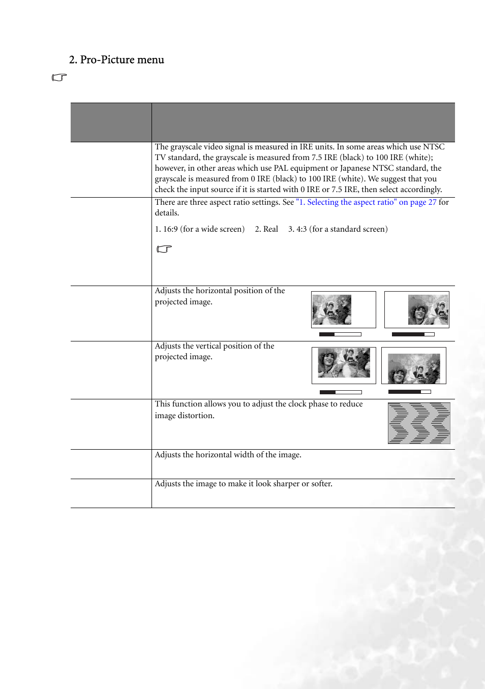 Pro-picture menu | BenQ W100 User Manual | Page 33 / 47