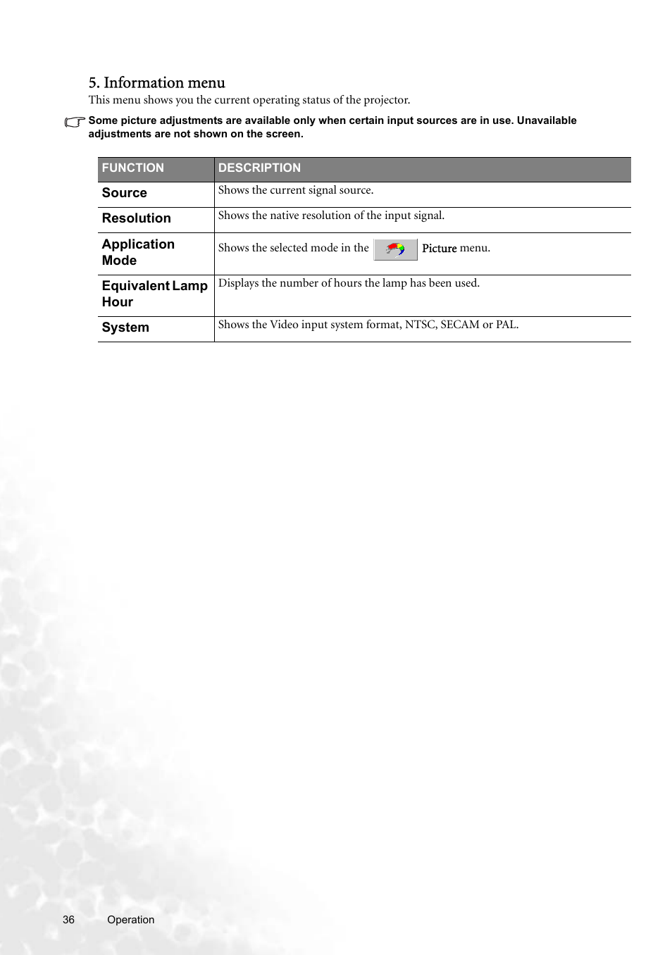 Information menu | BenQ W100 User Manual | Page 36 / 47