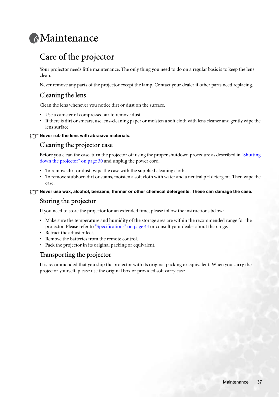 Maintenance, Care of the projector, Cleaning the lens | Cleaning the projector case, Storing the projector, Transporting the projector | BenQ W100 User Manual | Page 37 / 47