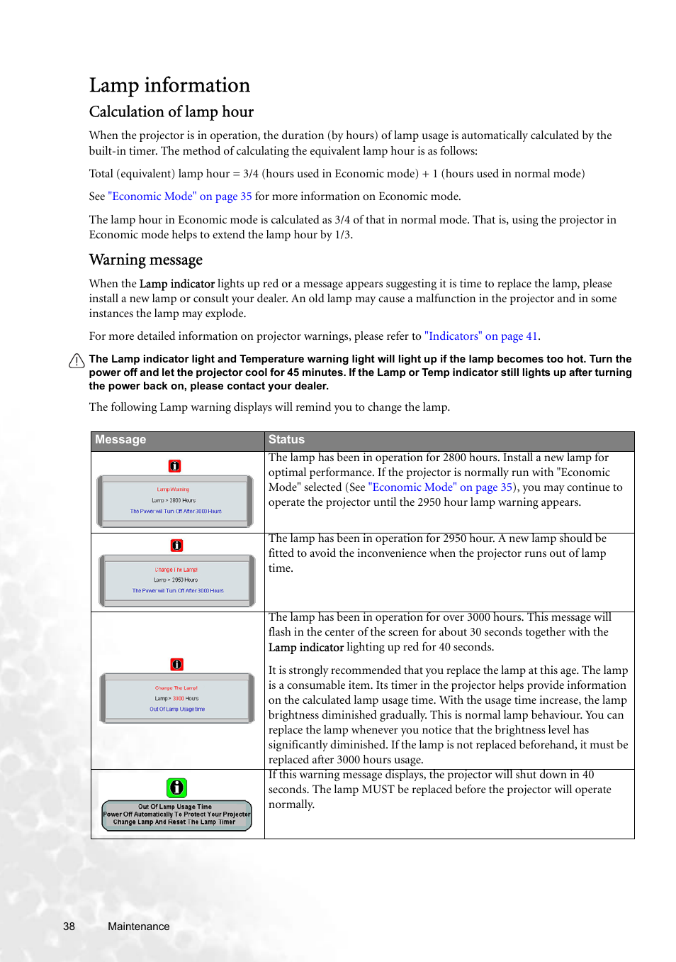 Lamp information, Calculation of lamp hour, Warning message | BenQ W100 User Manual | Page 38 / 47