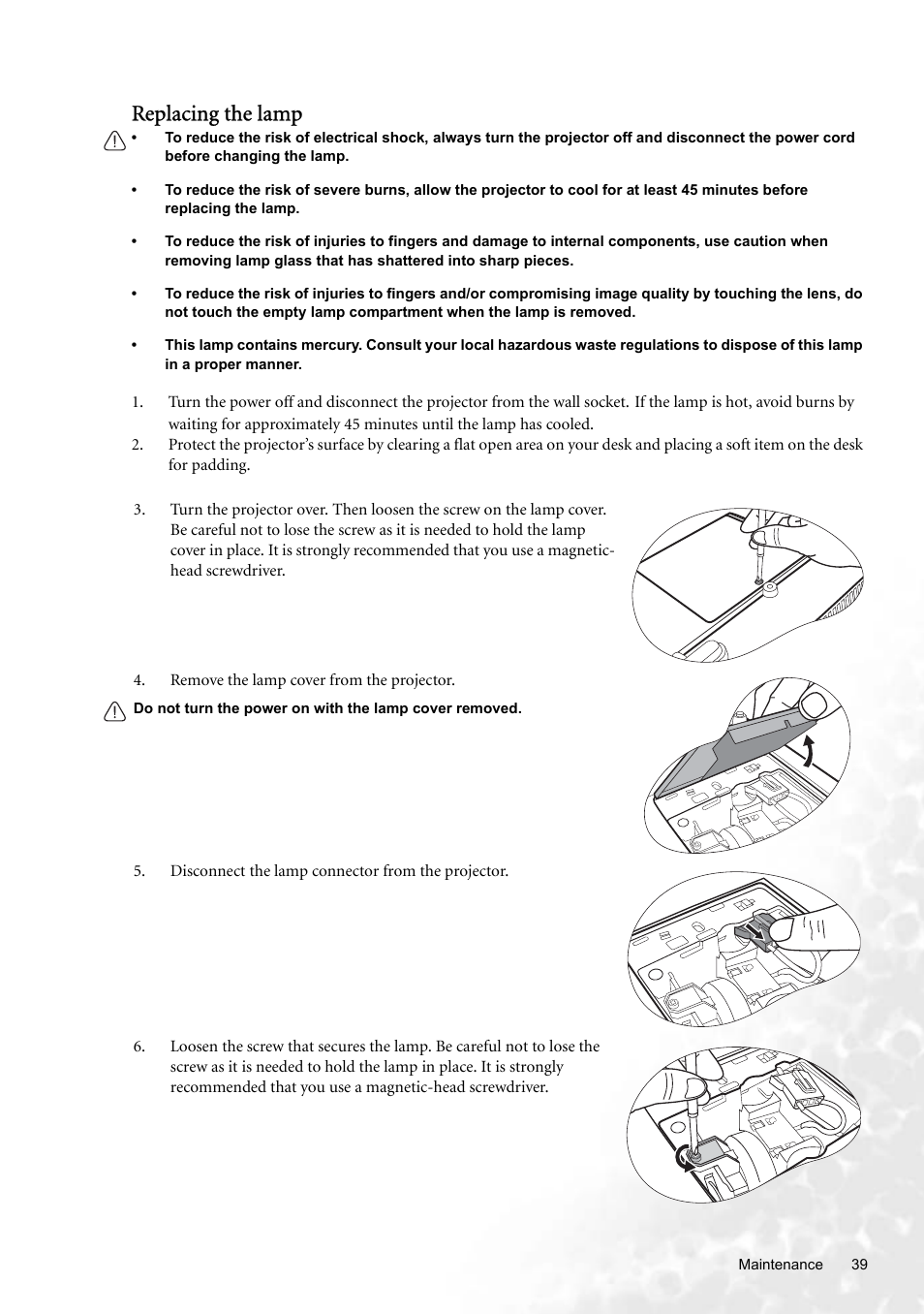 Replacing the lamp | BenQ W100 User Manual | Page 39 / 47