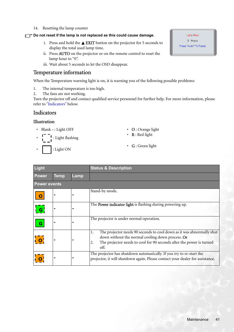 Temperature information, Indicators, Indicators" on | Indica | BenQ W100 User Manual | Page 41 / 47