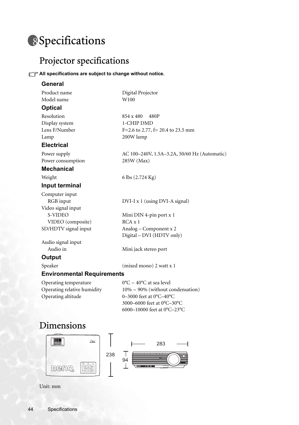 Specifications, Projector specifications, Dimensions | Projector specifications dimensions | BenQ W100 User Manual | Page 44 / 47