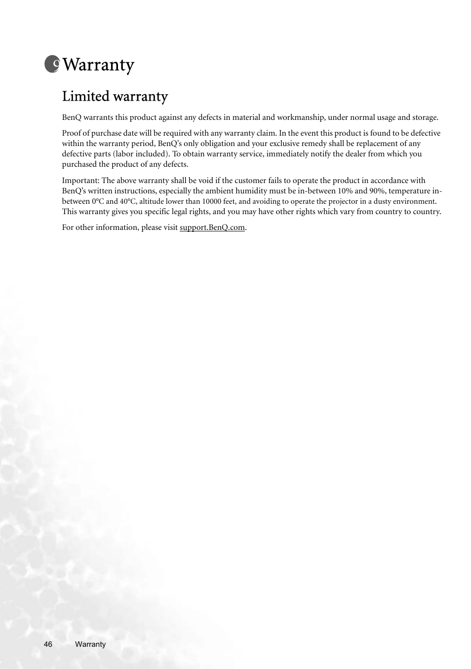 Warranty, Limited warranty | BenQ W100 User Manual | Page 46 / 47