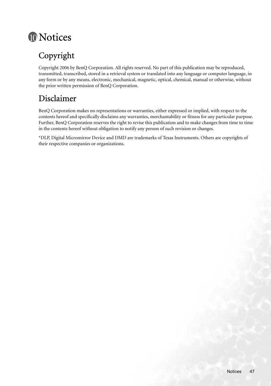 Notices, Copyright, Disclaimer | Copyright disclaimer | BenQ W100 User Manual | Page 47 / 47