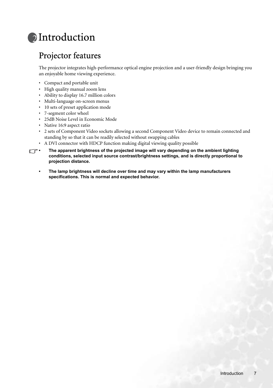 Introduction, Projector features | BenQ W100 User Manual | Page 7 / 47