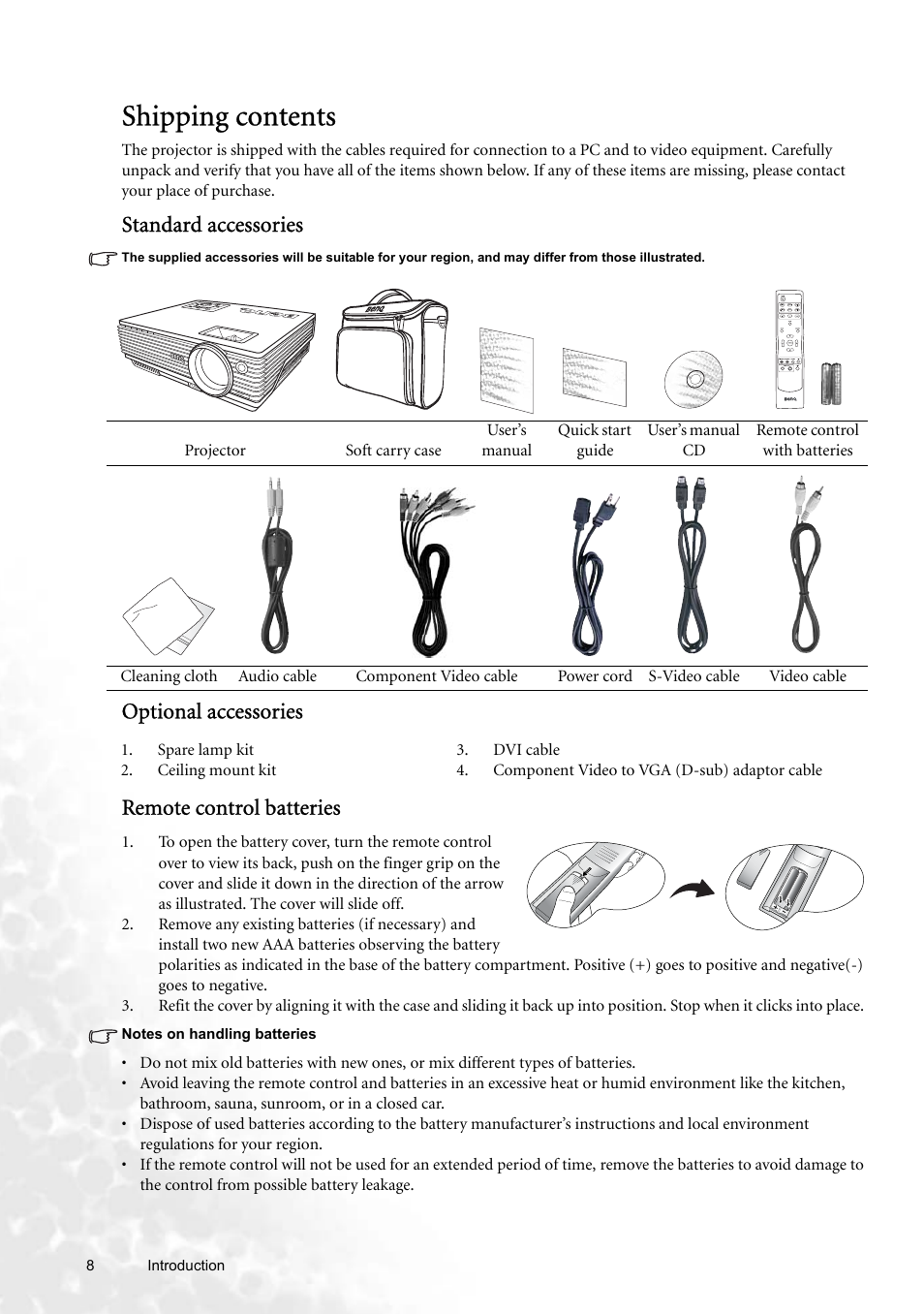 Shipping contents, Standard accessories, Optional accessories | Remote control batteries, Optional accessories remote control batteries | BenQ W100 User Manual | Page 8 / 47