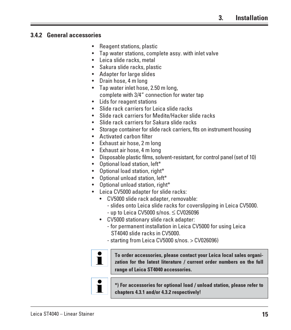 2 general accessories, Installation | Leica Biosystems ST4040 User Manual | Page 15 / 50