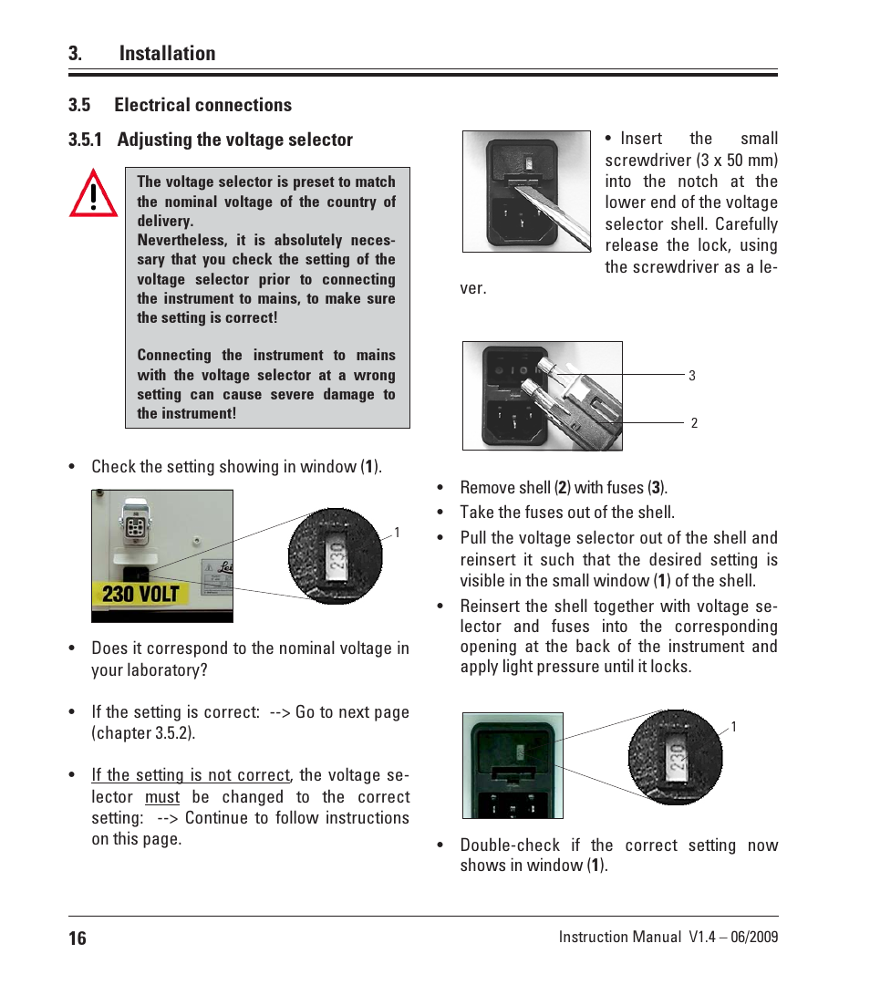 5 electrical connections, 1 adjusting the voltage selector, Electrical connections | Installation | Leica Biosystems ST4040 User Manual | Page 16 / 50