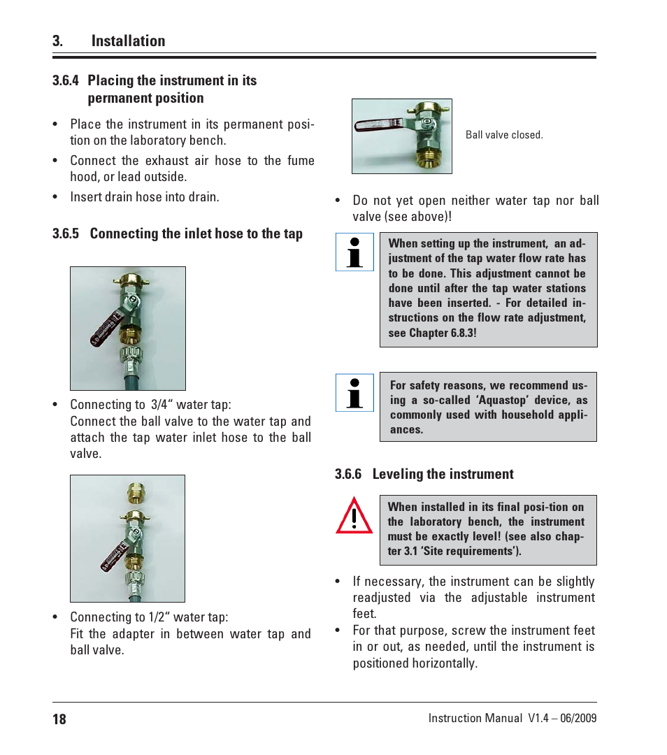 4 placing the instrument in its permanent position, 5 connecting the inlet hose to the tap, 6 leveling the instrument | Permanent position, Installation | Leica Biosystems ST4040 User Manual | Page 18 / 50