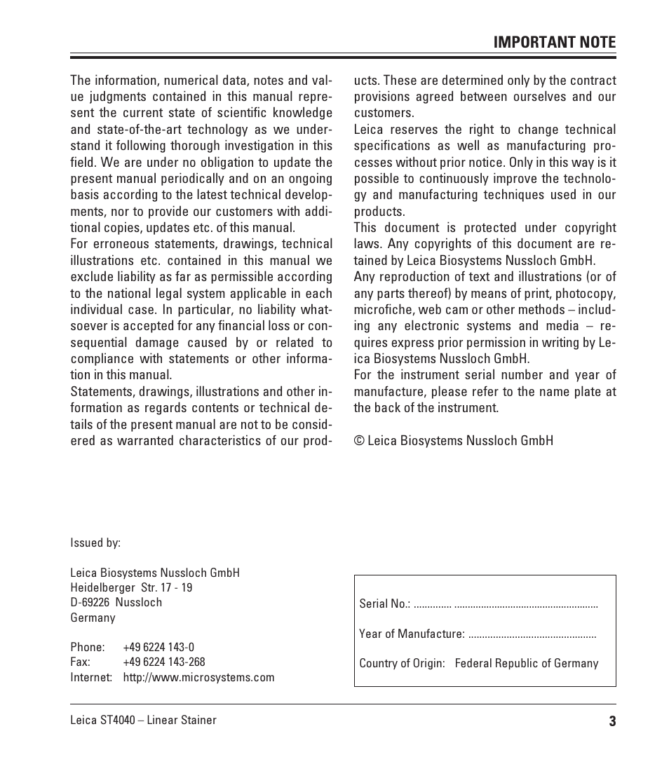 Important note | Leica Biosystems ST4040 User Manual | Page 3 / 50