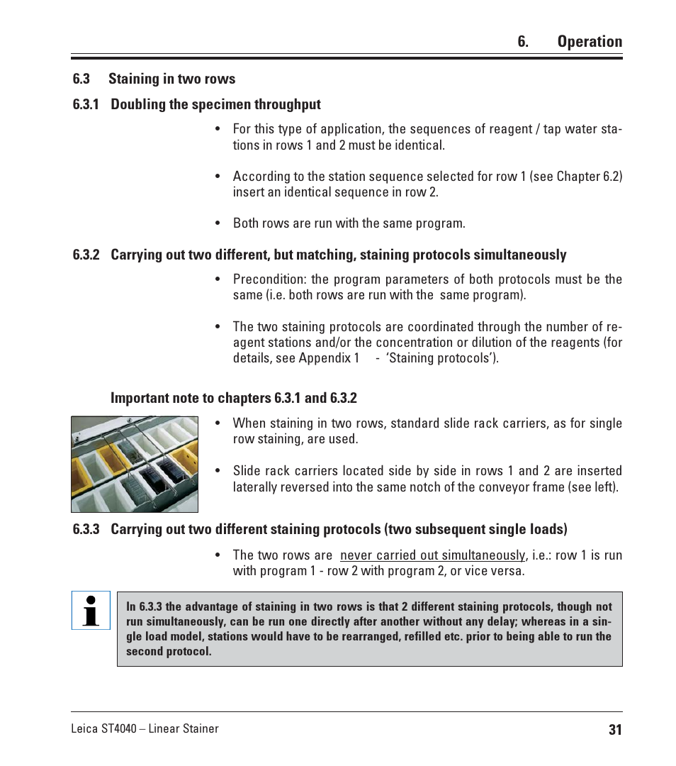 3 staining in two rows, 1 doubling the specimen throughput, Staining in two rows | Leica Biosystems ST4040 User Manual | Page 31 / 50