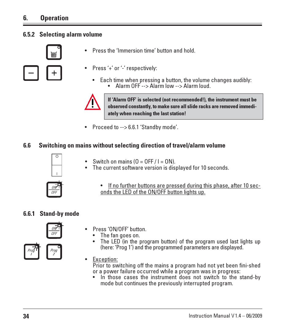 2 selecting alarm volume, 1 stand-by mode, Operation | Leica Biosystems ST4040 User Manual | Page 34 / 50