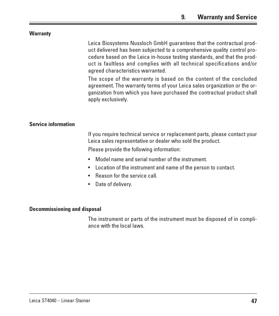 Warranty and service | Leica Biosystems ST4040 User Manual | Page 47 / 50