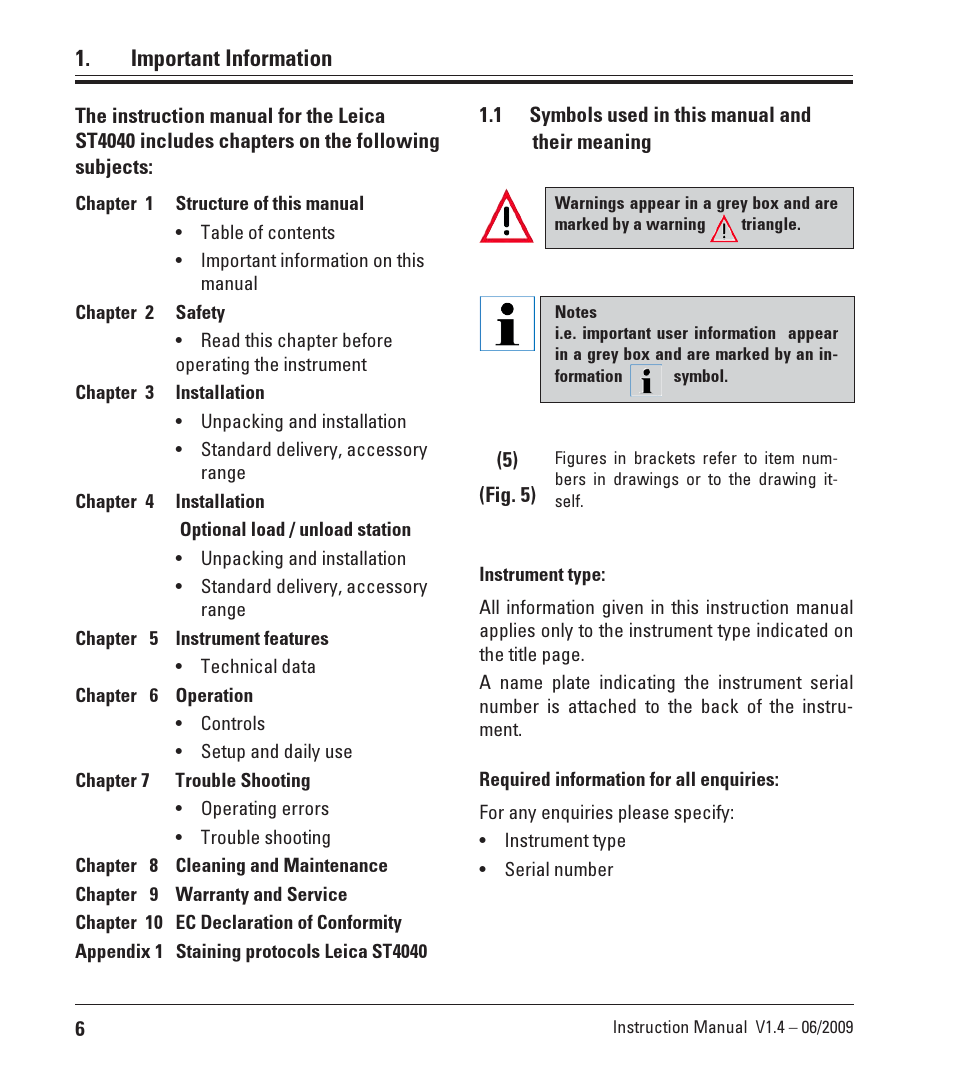 Important information, 1 symbols used in this manual and, Symbols used in this manual and | Leica Biosystems ST4040 User Manual | Page 6 / 50