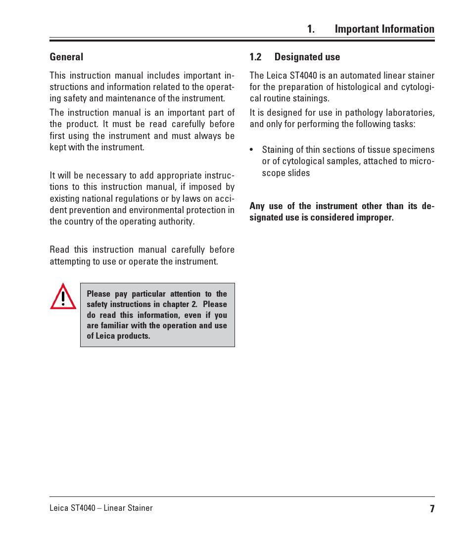 2 designated use, Designated use | Leica Biosystems ST4040 User Manual | Page 7 / 50