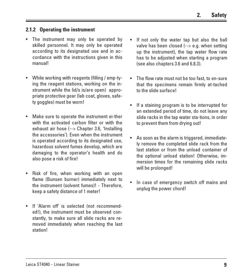 2 operating the instrument, Safety | Leica Biosystems ST4040 User Manual | Page 9 / 50