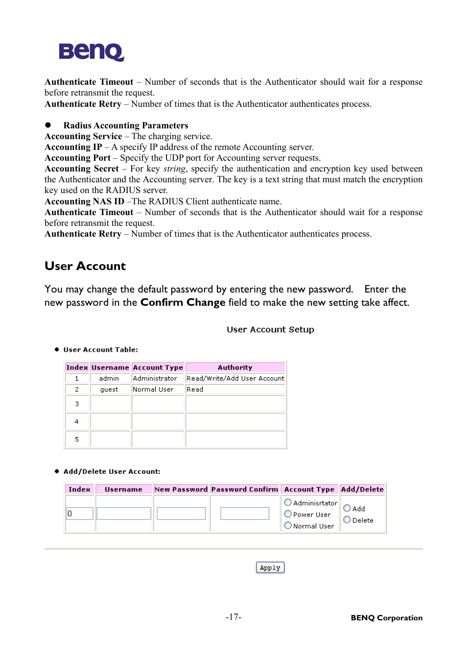 User account | BenQ AWL-500 User Manual | Page 21 / 25