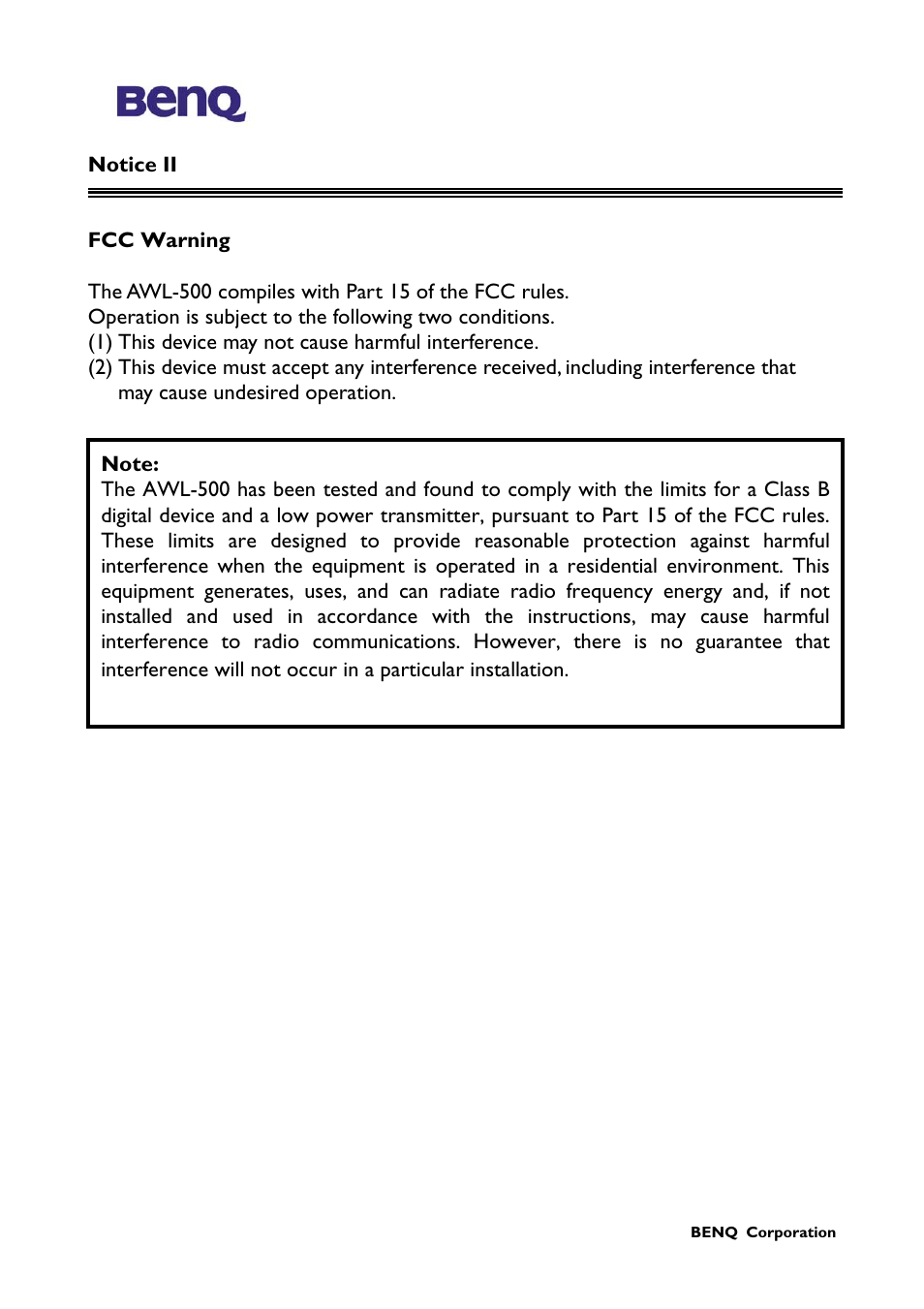 BenQ AWL-500 User Manual | Page 3 / 25