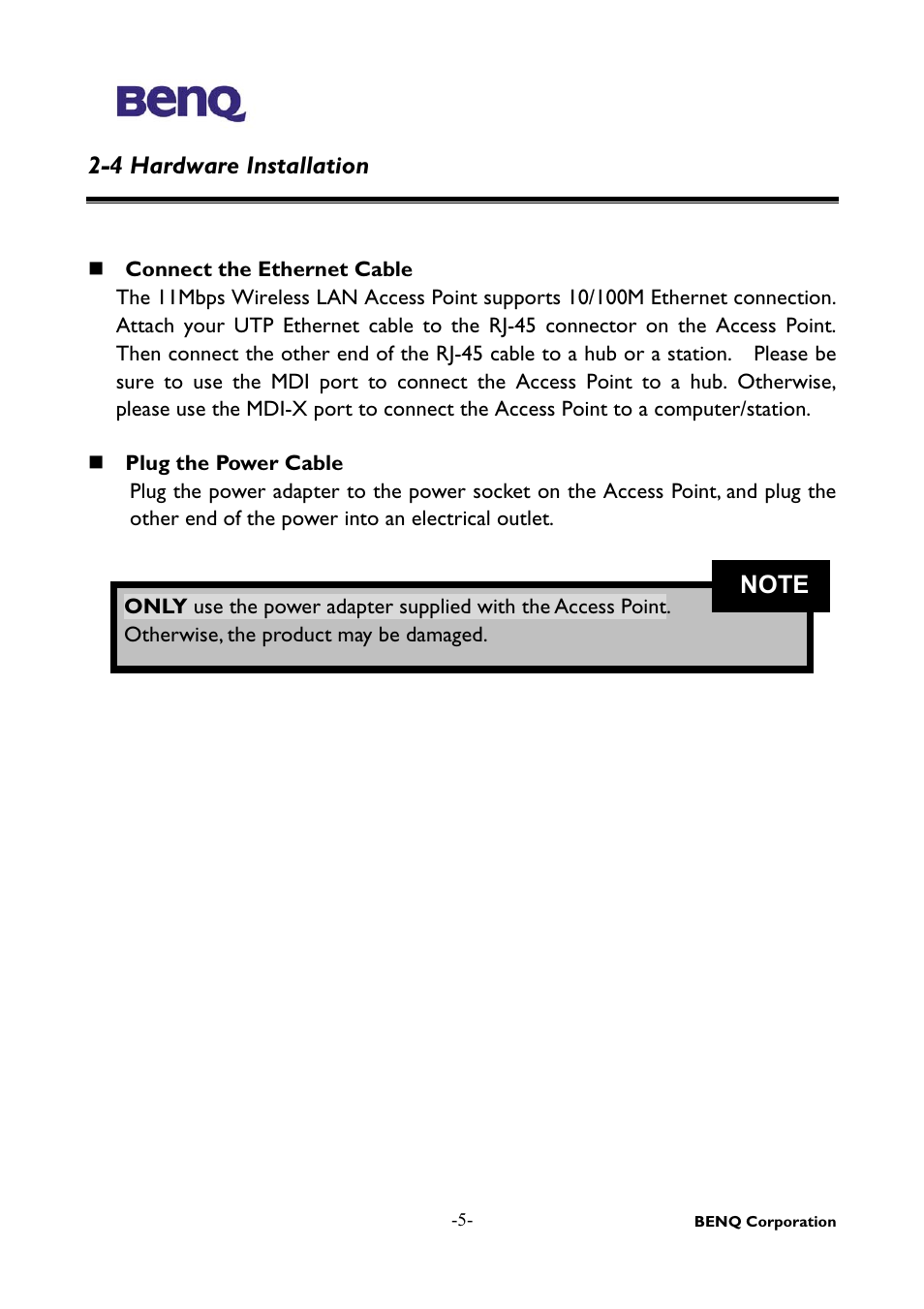 4 hardware installation | BenQ AWL-500 User Manual | Page 9 / 25