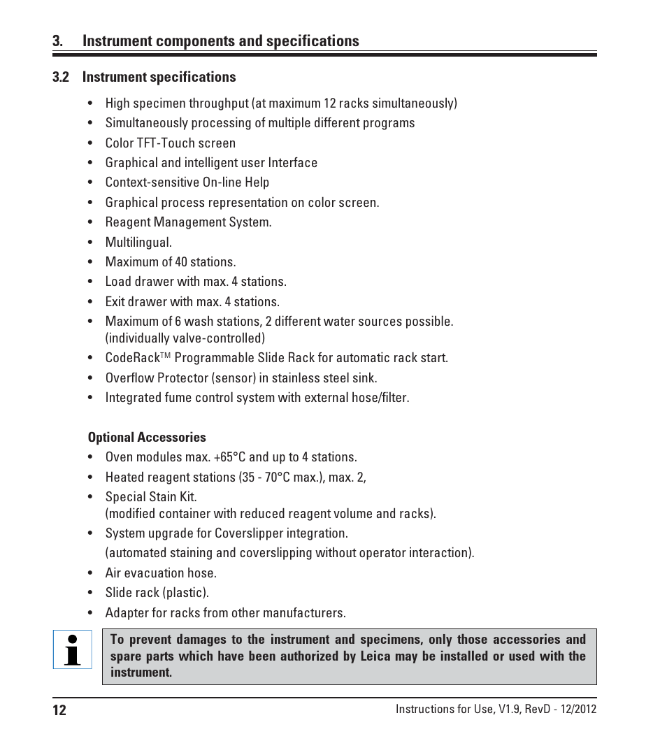 2 instrument specifications, Instrument specifications, Instrument components and specifications | Leica Biosystems ST5020 User Manual | Page 12 / 88