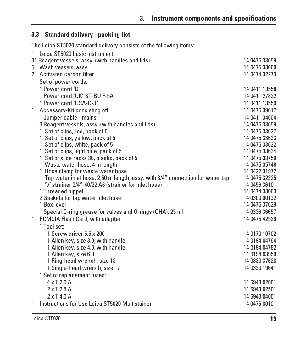3 standard delivery - packing list, Standard delivery - packing list, Instrument components and specifications | Leica Biosystems ST5020 User Manual | Page 13 / 88