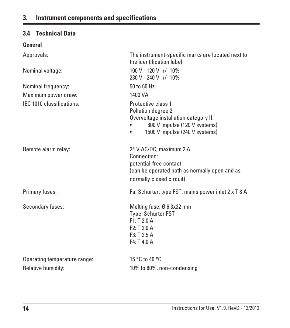 4 technical data, Technical data, Instrument components and specifications | Leica Biosystems ST5020 User Manual | Page 14 / 88