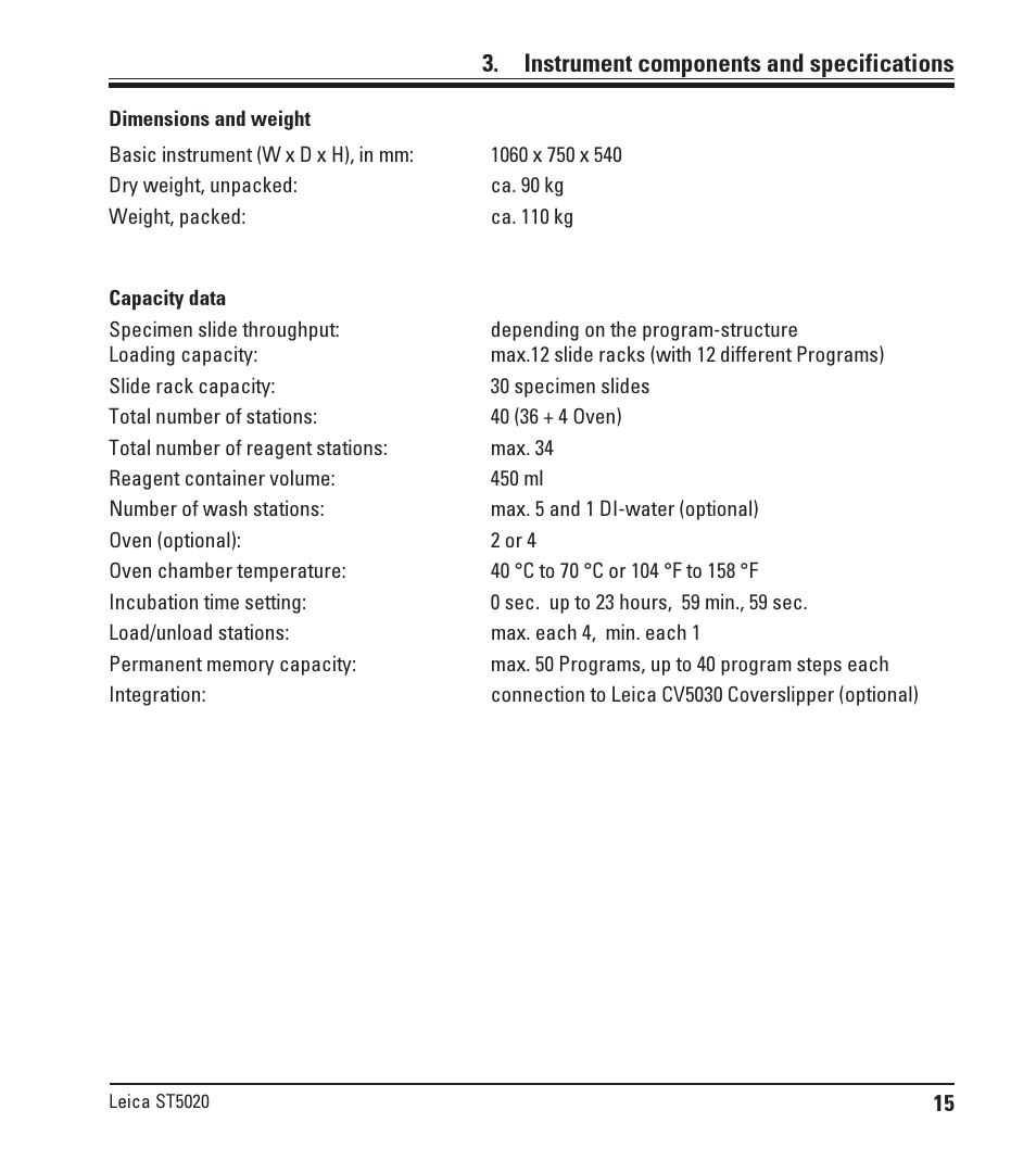 Instrument components and specifications | Leica Biosystems ST5020 User Manual | Page 15 / 88